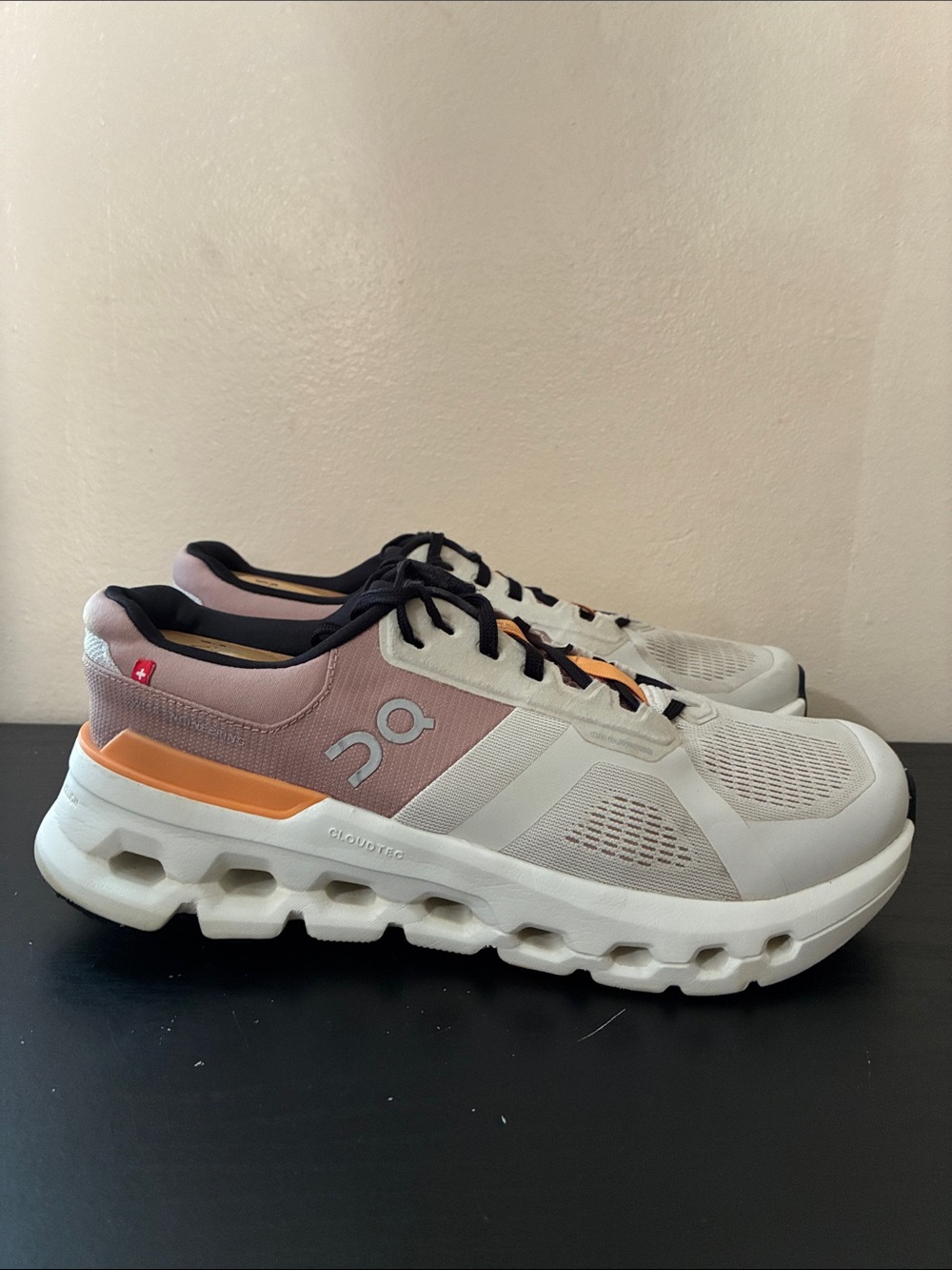On Women's Cloudrunner 2 running shoe in the Pearl/Tangerine colorway size 8